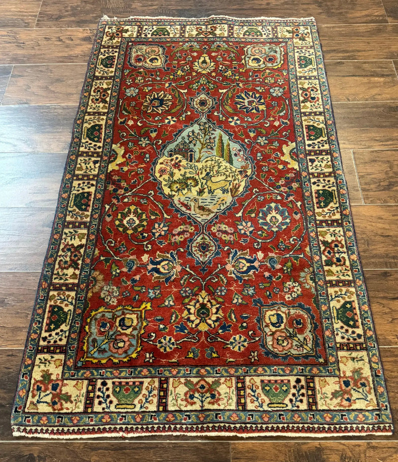 Small Persian Tabriz Rug 2.8 x 4.7, Red, Animal Pictorials, Semi Antique Vintage by Jewel Rugs