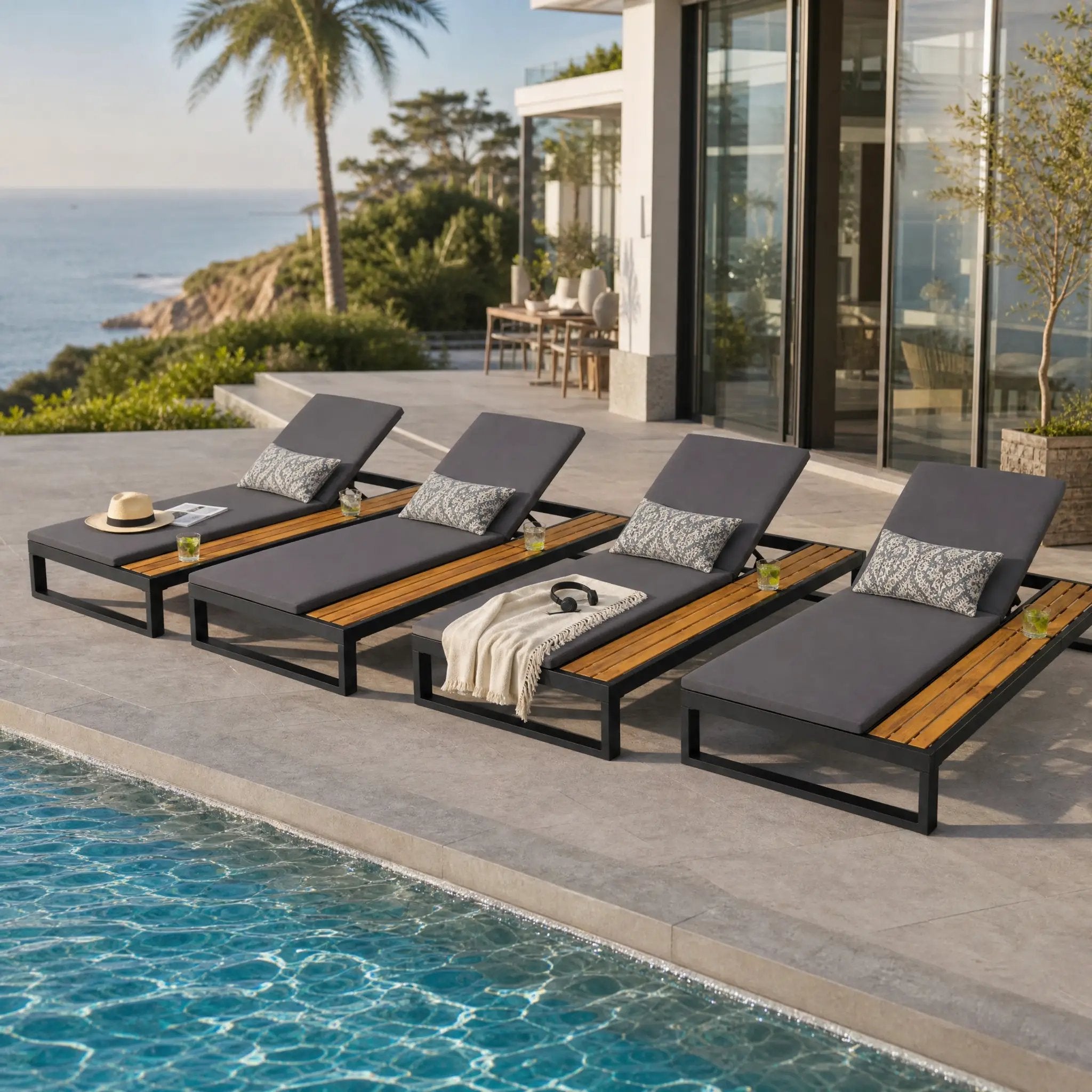 Black Iron & Teak Finish Chaise Lounge Set by HouseOfZazla