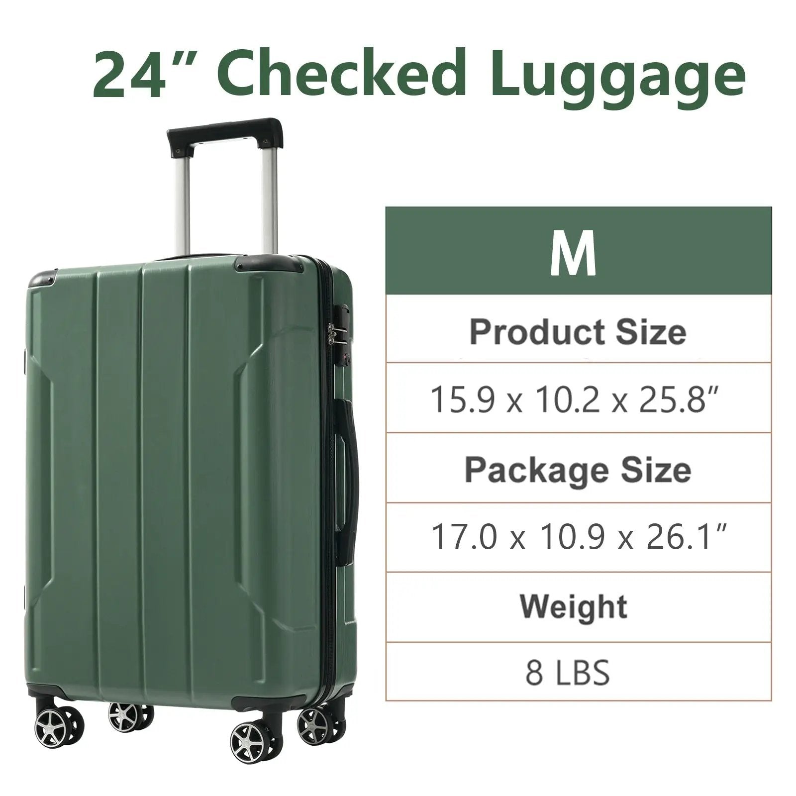 Lightweight Durable ABS Hardshell Luggage - 24-Inch (Green) by HouseOfZazla
