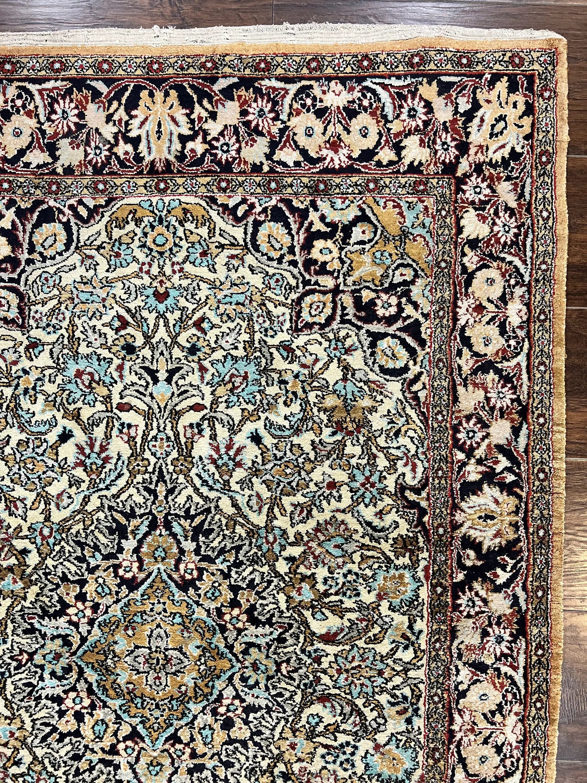 Silk Persian Qum Rug 4x5, Hand Knotted Vintage Carpet, Cream & Navy Blue, Silk Pile on Silk Foundation, Very Fine 360 KPSI by Jewel Rugs