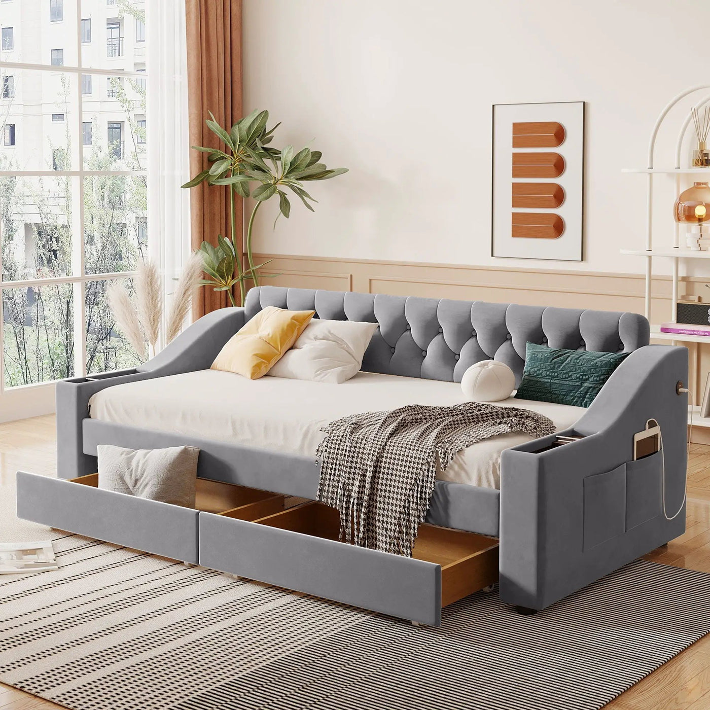 Upholstered Daybed With Storage Armrests And USB Port by HouseOfZazla
