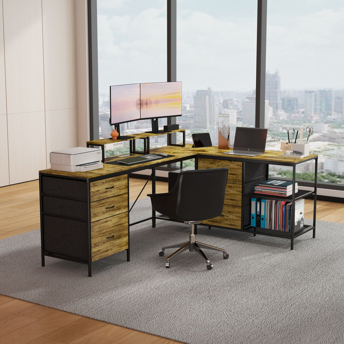 L Shaped Desk with Power Hub and 6 Drawers - Adjustable Monitor Stands - Brown, photo 11 of 14