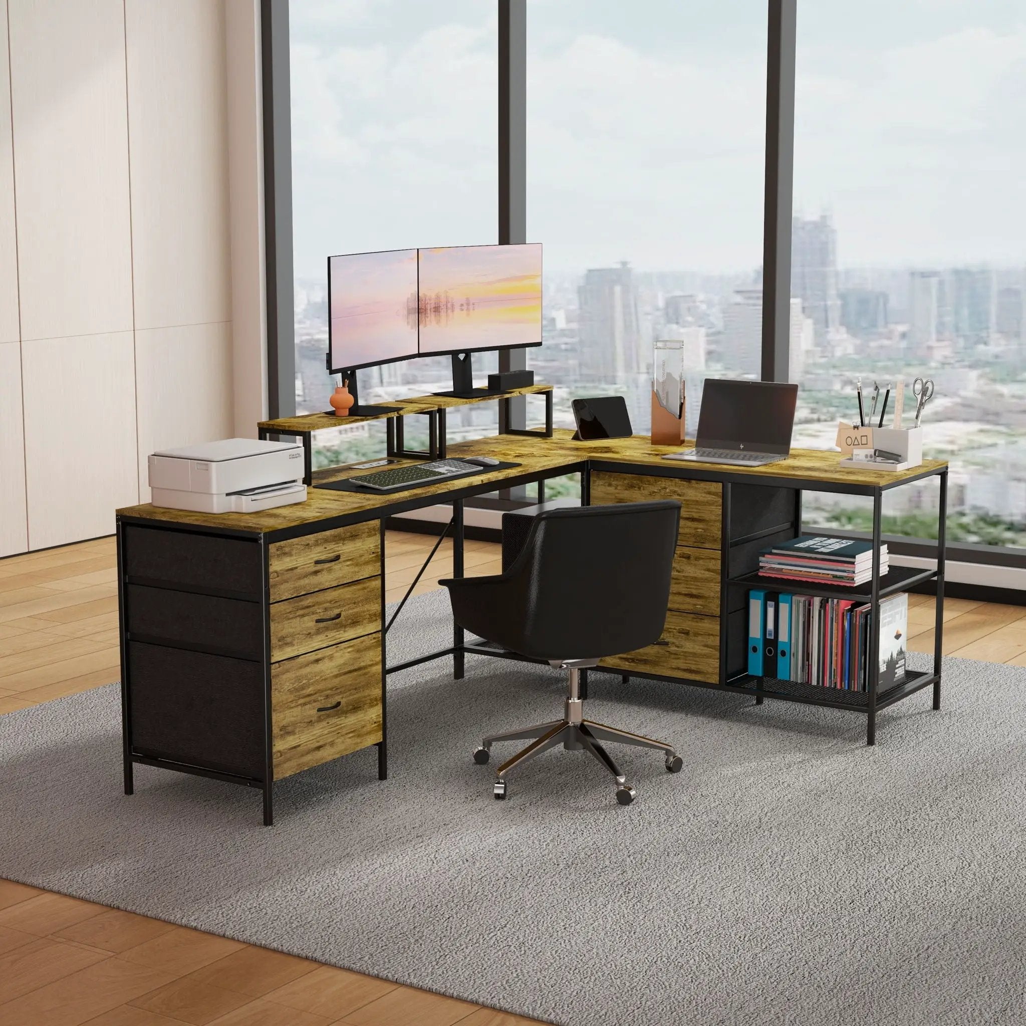 Industrial L Shaped Desk With Power Hub With 6 Drawers And Adjustable Monitor Stands - Brown by Unique Piece Furniture