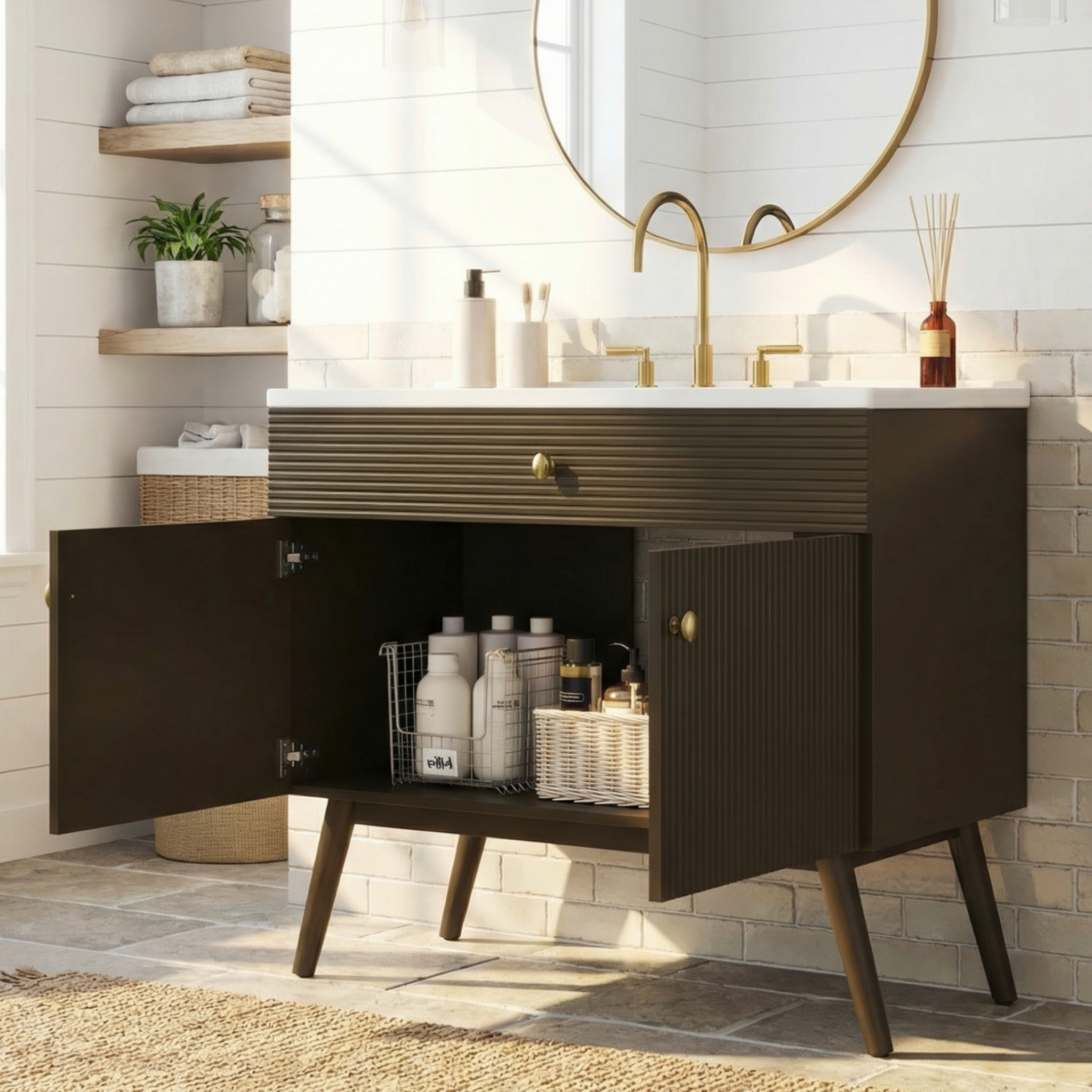 36" Luxury Striped Bathroom Vanity, Soft-Close Dual-Door Storage & Premium Ceramic Sink by HouseOfZazla