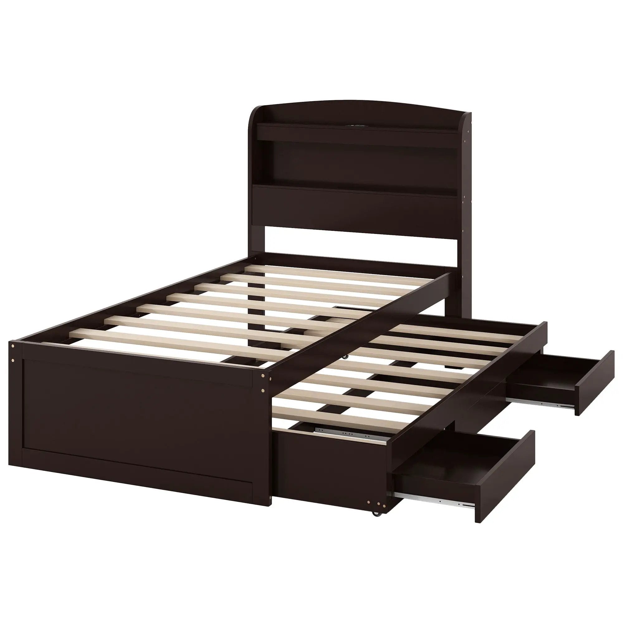 Platform Bed With LED Headboard, Charging Station, Trundle And 2 Drawers