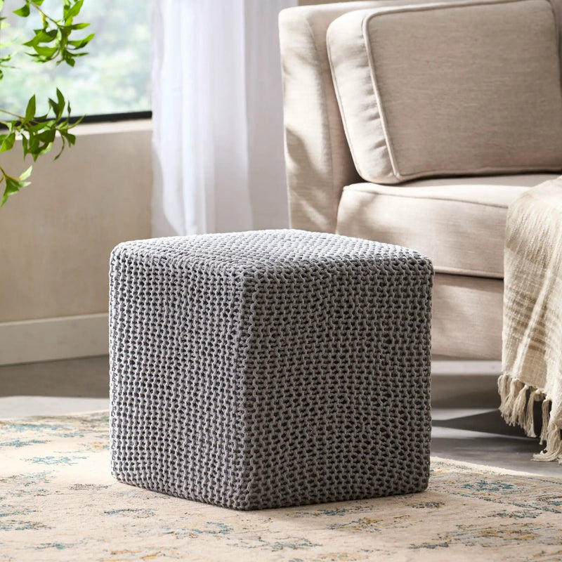 Chabani - Indoor Modern Knitted Fabric Cube Pouf Ottoman - Light Gray by HouseOfZazla
