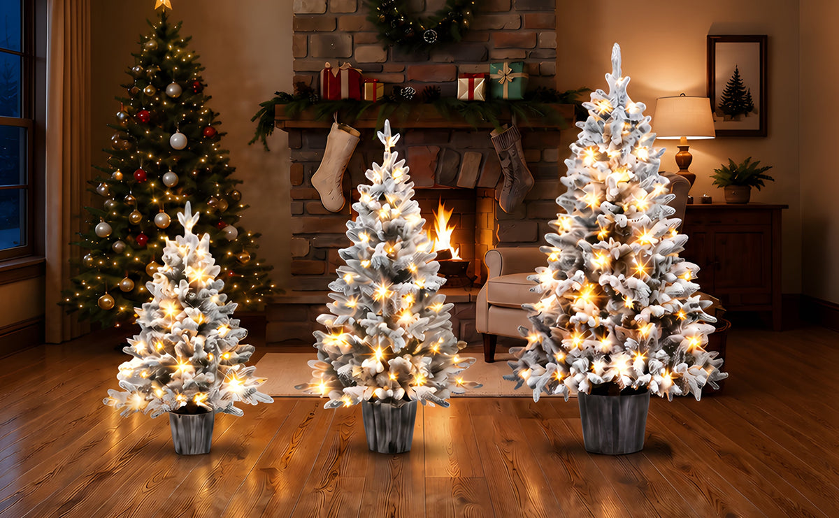 3-Piece Flocked Pre-Lit Christmas Tree Set with Warm White LED Lights - Flocked Finish, photo 8 of 10