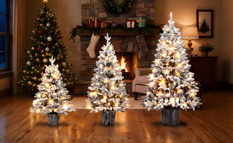 3-Piece Flocked Pre-Lit Christmas Tree Set with Warm White LED Lights - Flocked Finish, photo 8 of 10