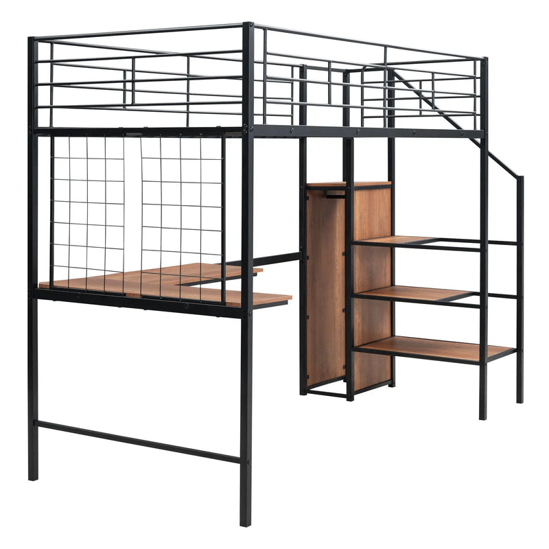 Loft Bed With Desk And Grid, Stylish Frame With Lateral Storage Ladder And Wardrobe by HouseOfZazla