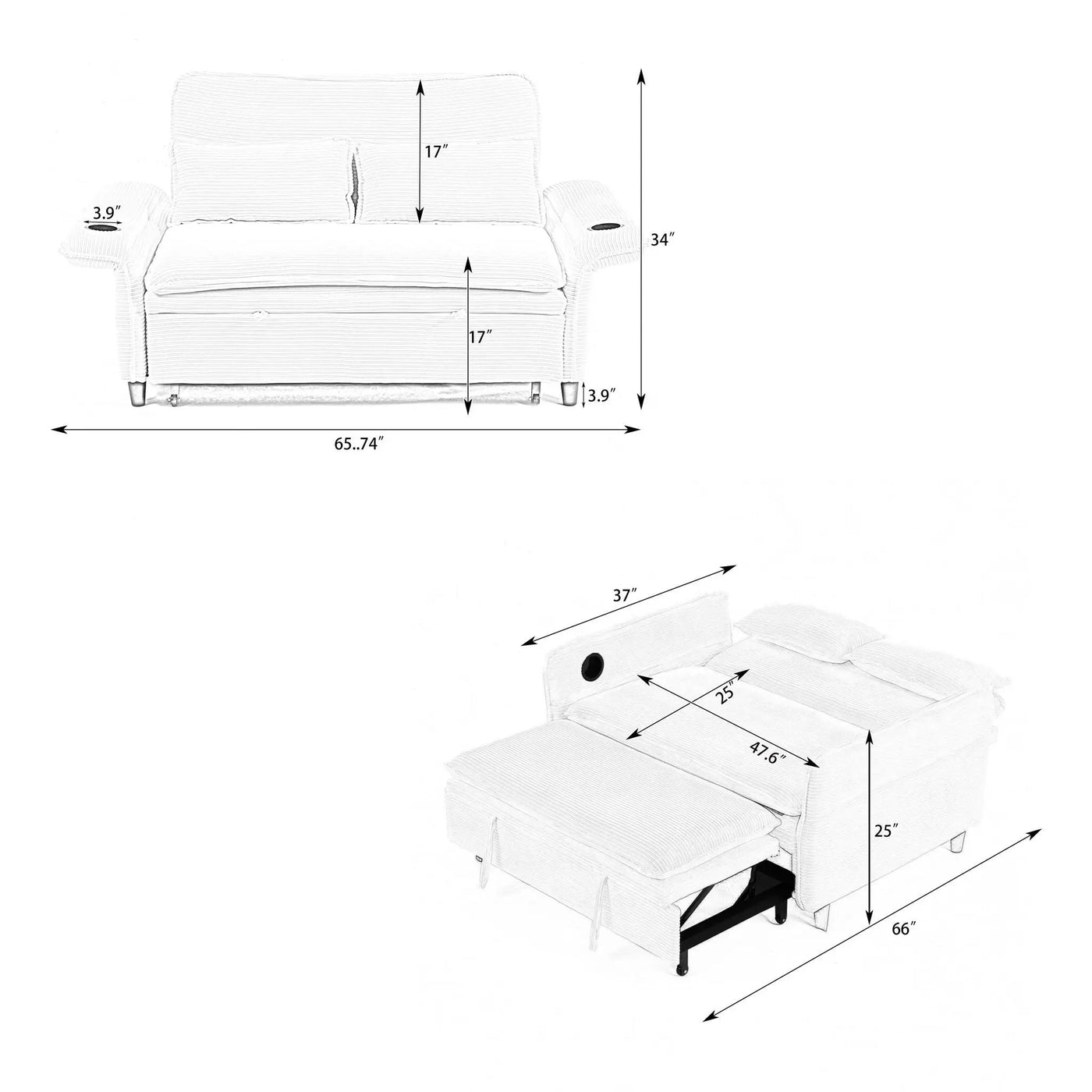 Modern Fabric Multi-Functional Sofa Bed With Adjustable Armrests And Backrests by HouseOfZazla