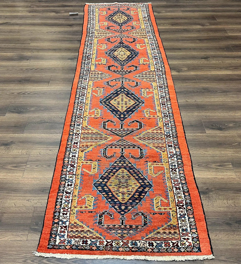 Rare Persian Tribal Runner Rug 3 x 11, Sarab Serab Persian Runner, Antique 1920s Collectible Geometric Medallions Oriental Wool Runner, Hand Knotted, Bright Orange-Red by Jewel Rugs
