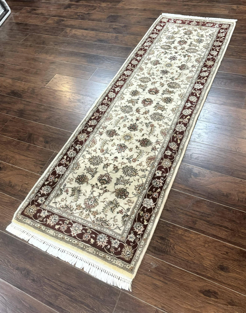 Pak Persian Runner Rug 2.8 x 8, Handmade Vintage Carpet, Beige and Maroon, Wool and Silk Highlights by Jewel Rugs