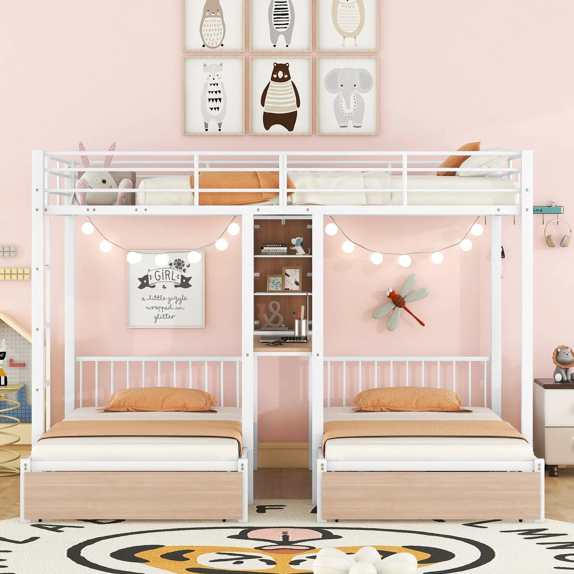 Triple Bunk Bed With Drawers, Multi-Functional Frame With Desks And Shelves In The Middle by HouseOfZazla