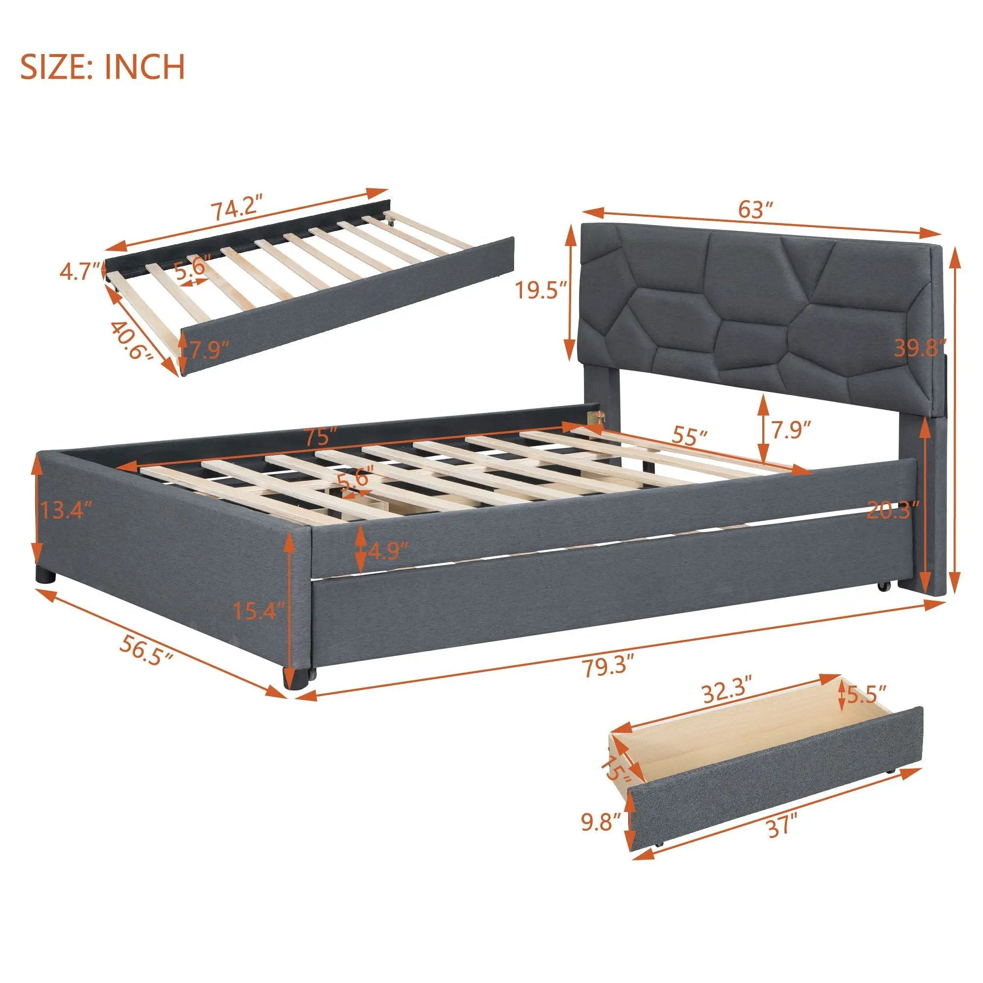 Upholstered Platform Bed With Brick Pattern Headboard And Twin Long Size Trundle by HouseOfZazla