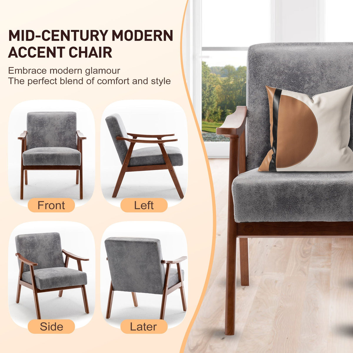 Mid Century Modern Accent Chair With Solid Wood Frame And Extra Thick Backrest, photo 35 of 40