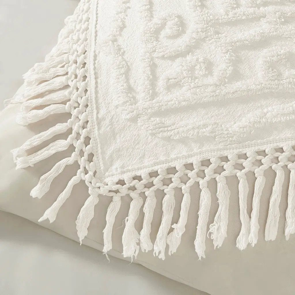 Tufted Cotton Chenille Medallion Fringe Coverlet Mini Set - Off-White by HouseOfZazla