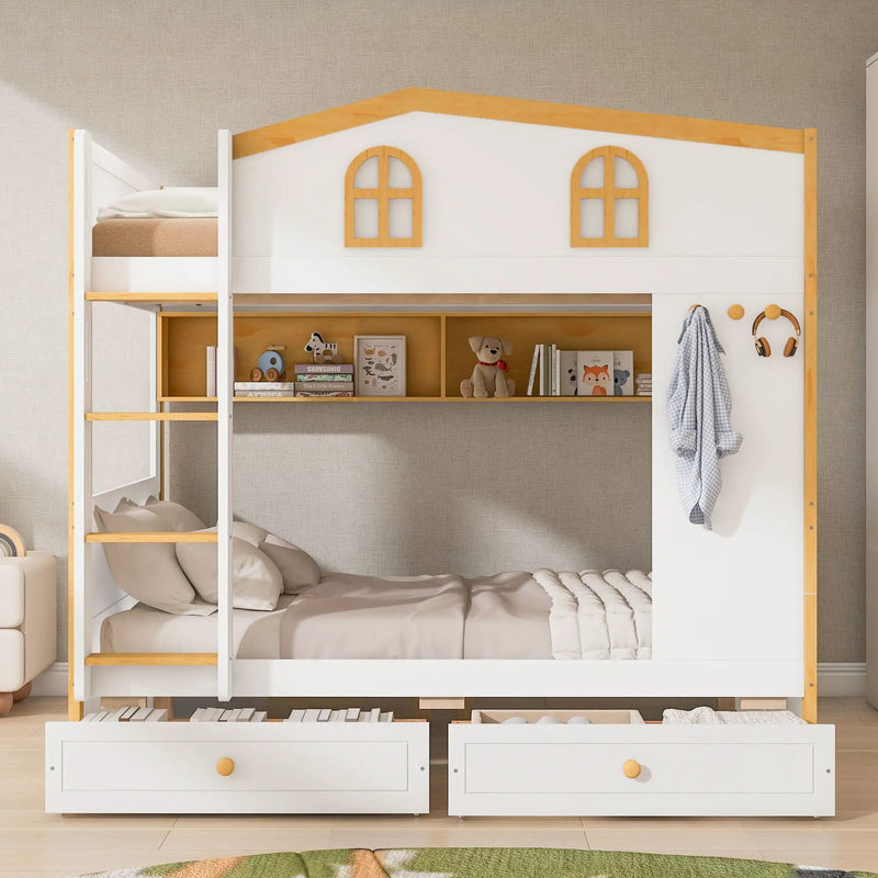 Twin Over Twin Bunk Bed With House Shaped Guardrails, Storage Shelves & Drawers - White / Natural by HouseOfZazla