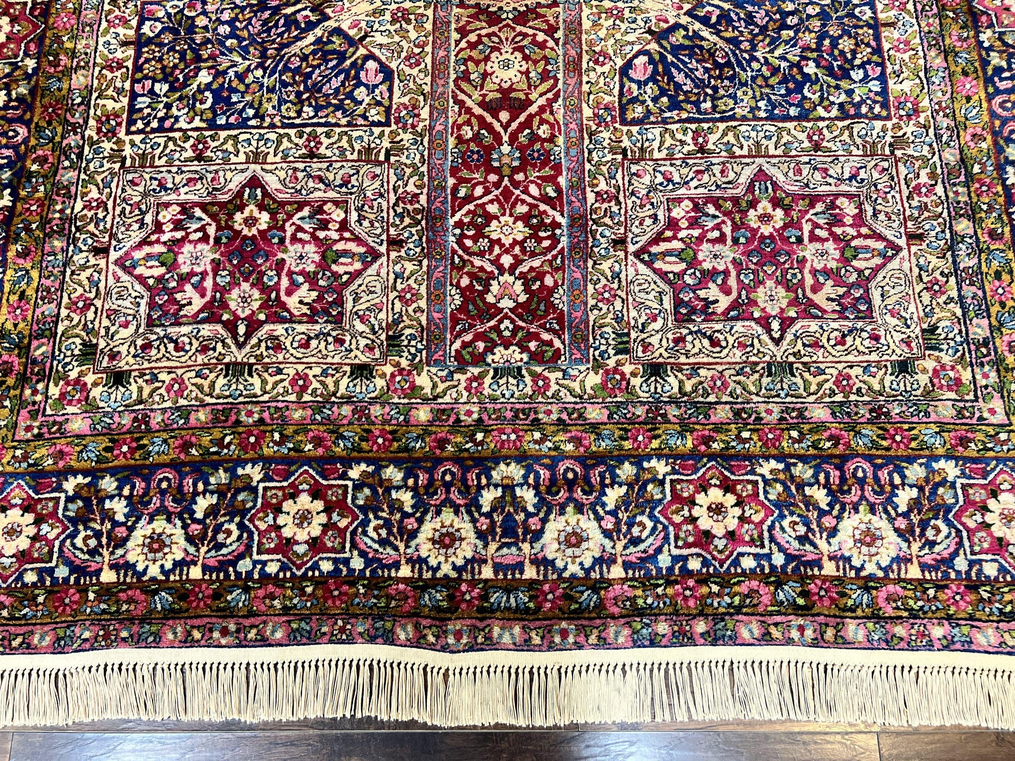 Persian Kirman Lavar Rug 8x9, Antique Persian Carpet, Colorful Multicolor 1920s Handmade Wool Rug, Garden Panel Design, Fine 200 KPSI by Jewel Rugs