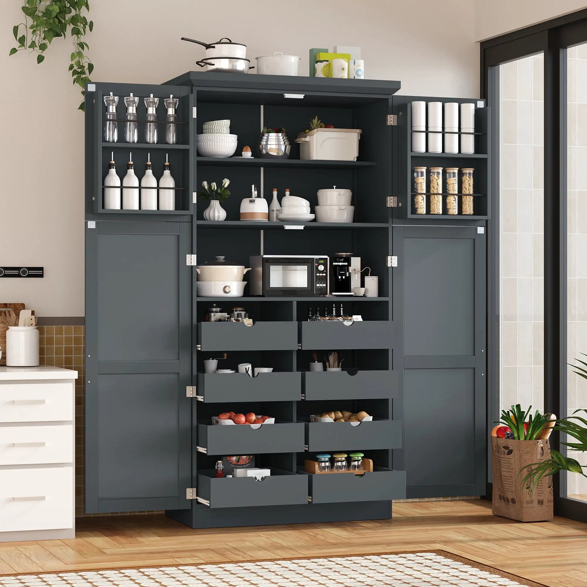 TOPMAX Freestanding Kitchen Pantry Cabinet with 4 Doors and Pull-Out Trays by HouseOfZazla