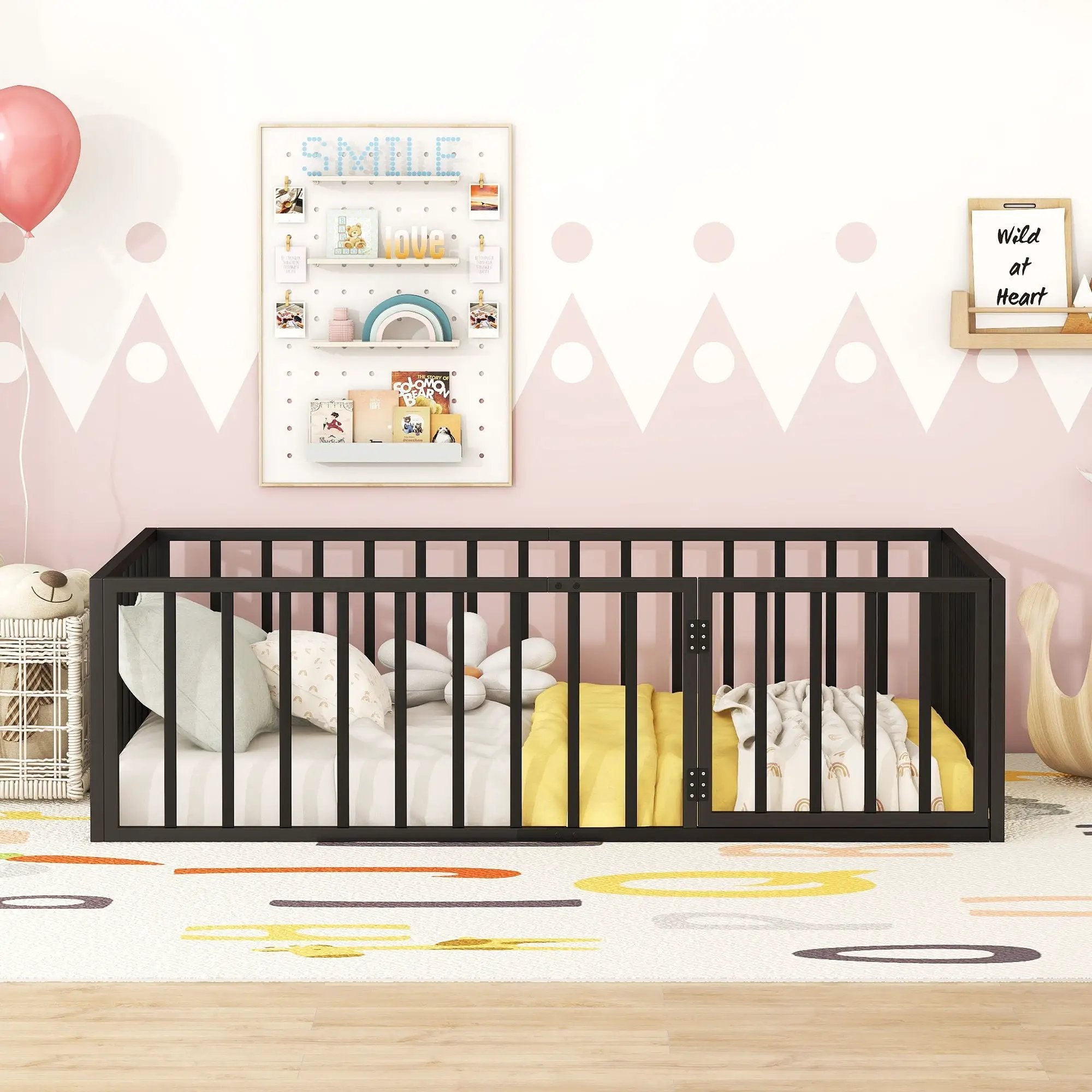 Metal Floor Bed Frame With Fence And Door by HouseOfZazla