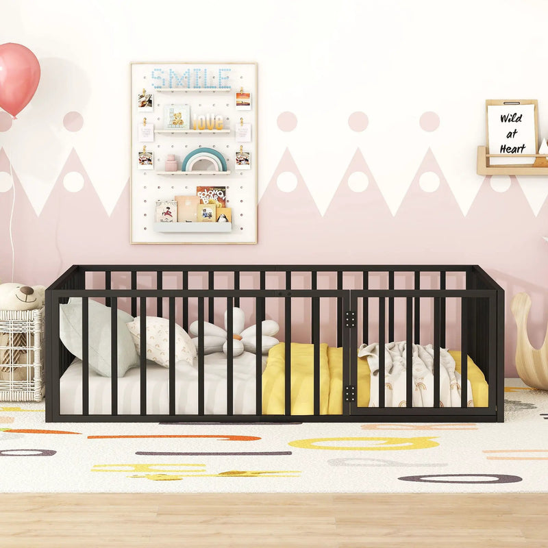 Metal Floor Bed Frame With Fence And Door by HouseOfZazla