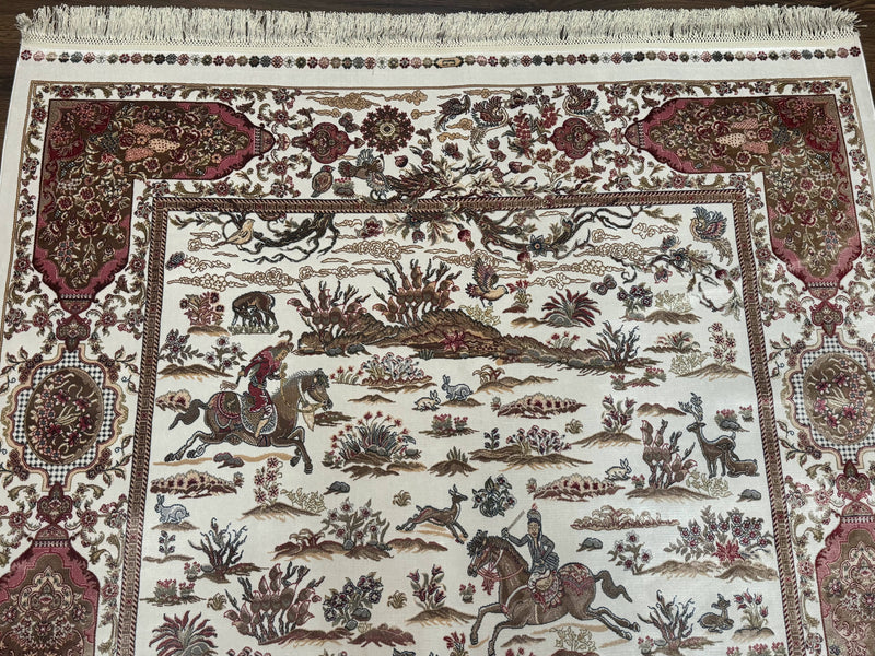 Turkish Silk Rug 5x8, Ivory, Hunting Design, Animal Pictorials, Bamboo Silk by Jewel Rugs