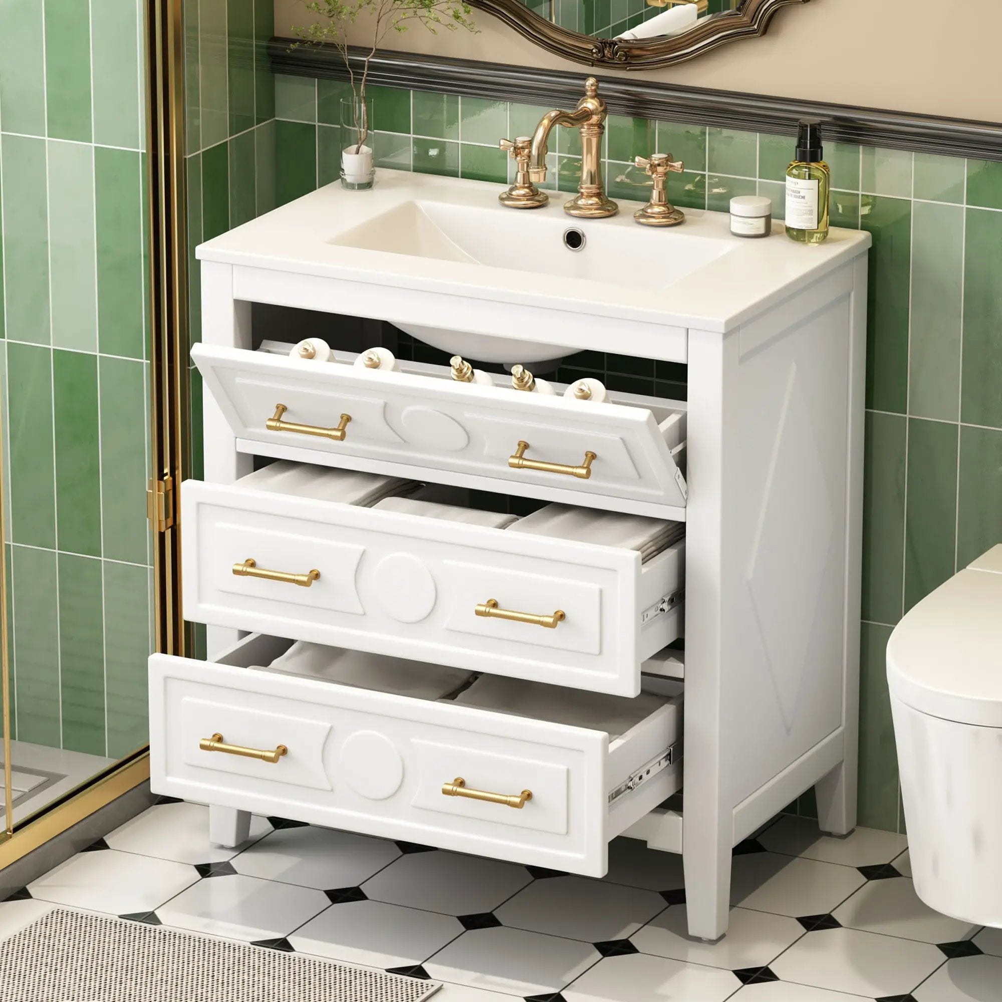 Retro Bathroom Vanity With Sink Combo, Free Standing Single Set With 3 Drawers by Unique Piece Furniture