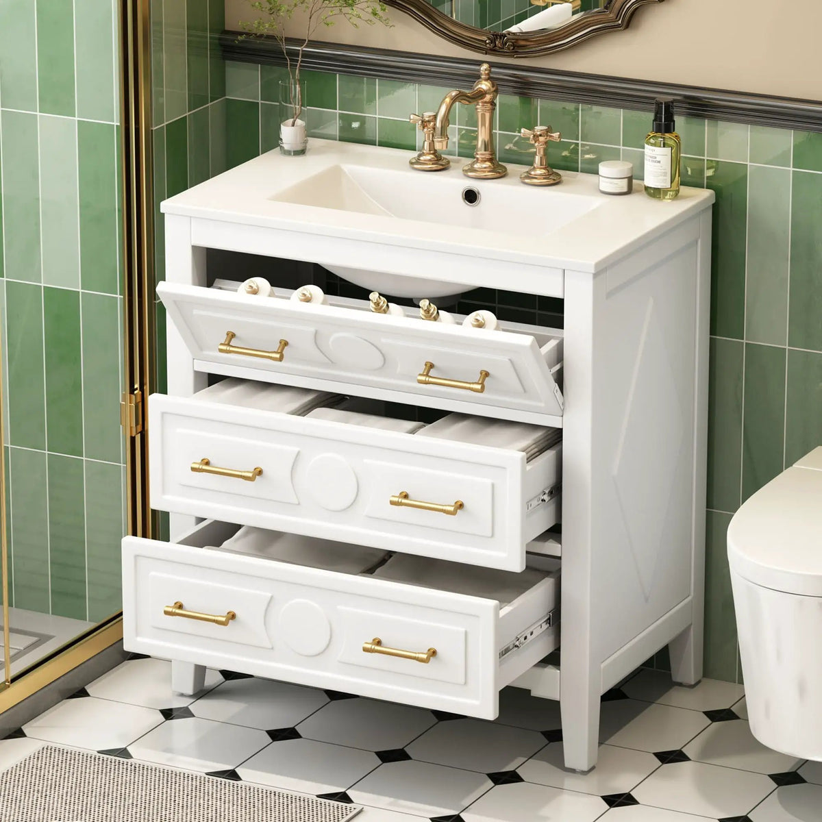 Retro Bathroom Vanity With Sink Combo, Free Standing Single Set With 3 Drawers, photo 18 of 21