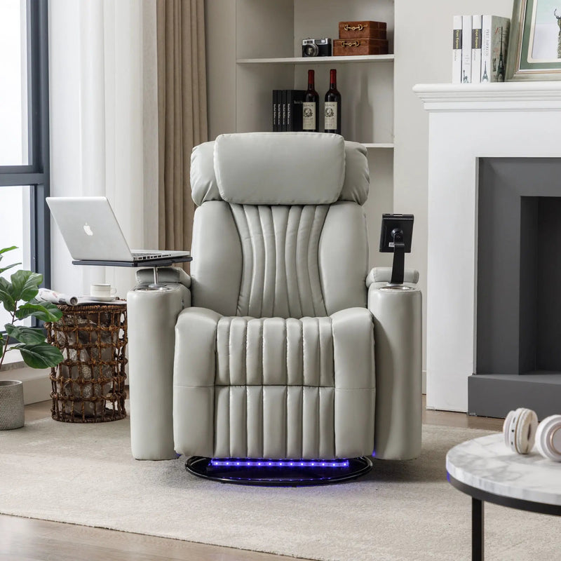 270° Power Swivel Recliner Home Theater Chair With Hidden Arm Storage, LED Light, Cup Holder, And Tray Table by HouseOfZazla