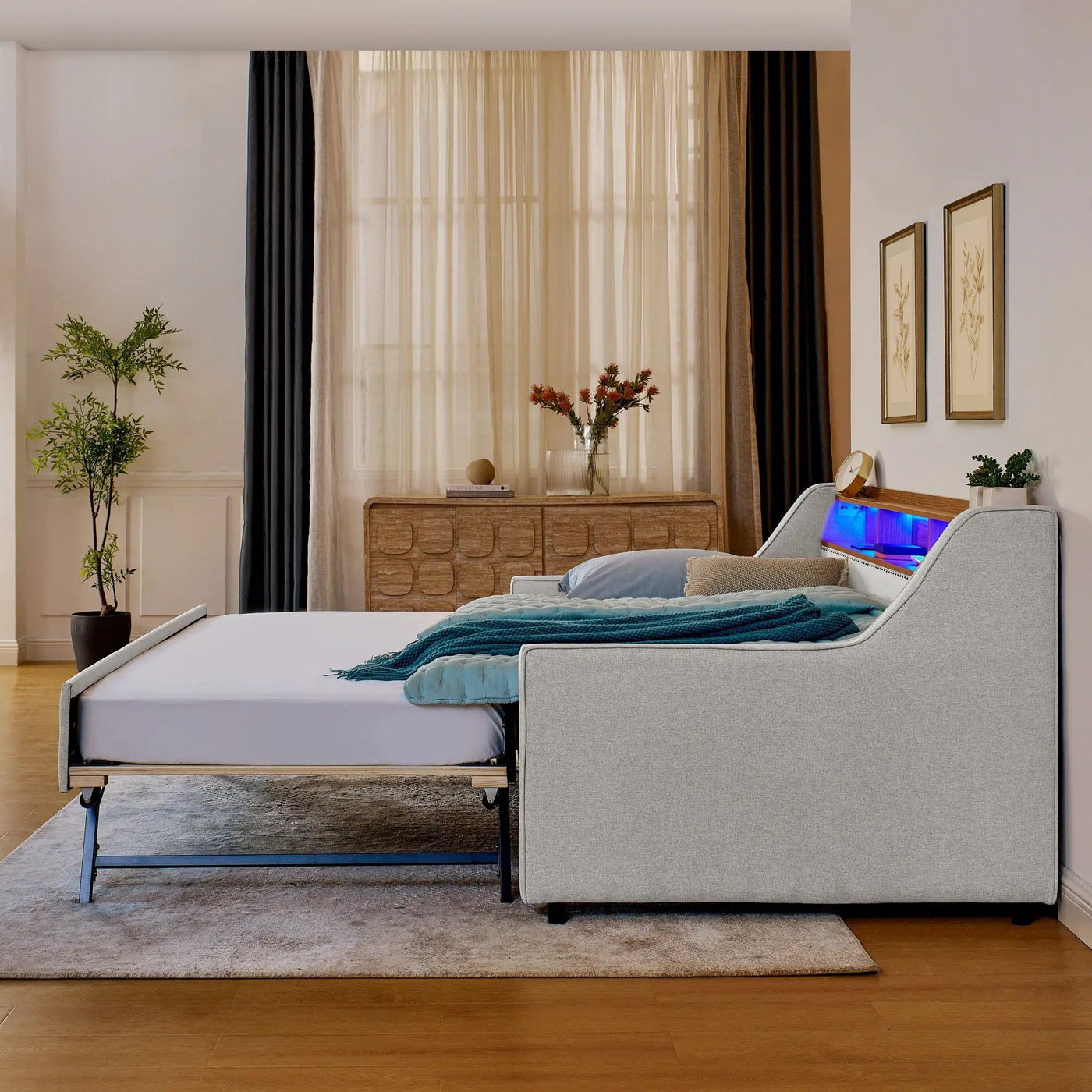 Upholstered Sofa Bed With LED Lights, Storage Headboard, Foldable Trundle & Wireless Charging by Unique Piece Furniture