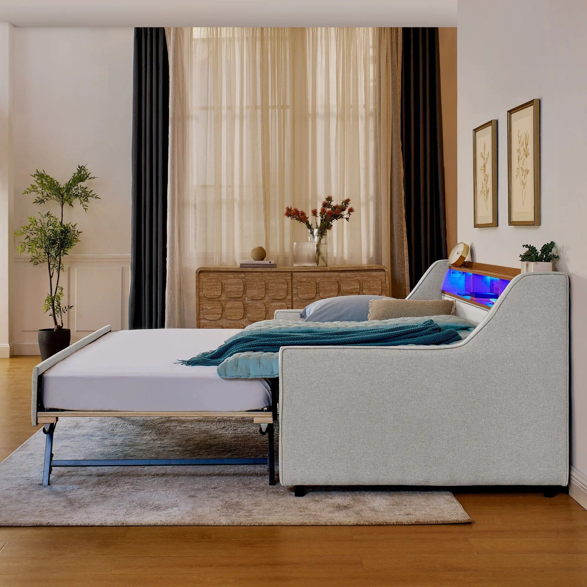 Upholstered Sofa Bed With LED Lights, Storage Headboard, Foldable Trundle & Wireless Charging by Unique Piece Furniture