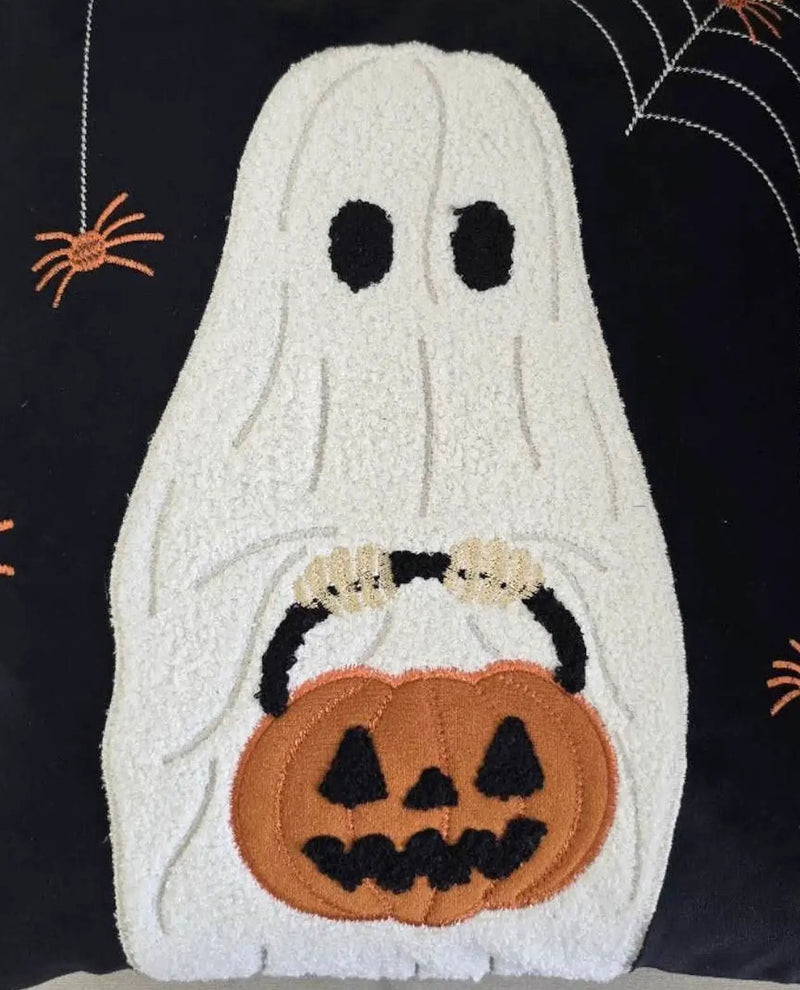 Halloween Ghost With Pumpkin Bucket Throw Pillow by HouseOfZazla