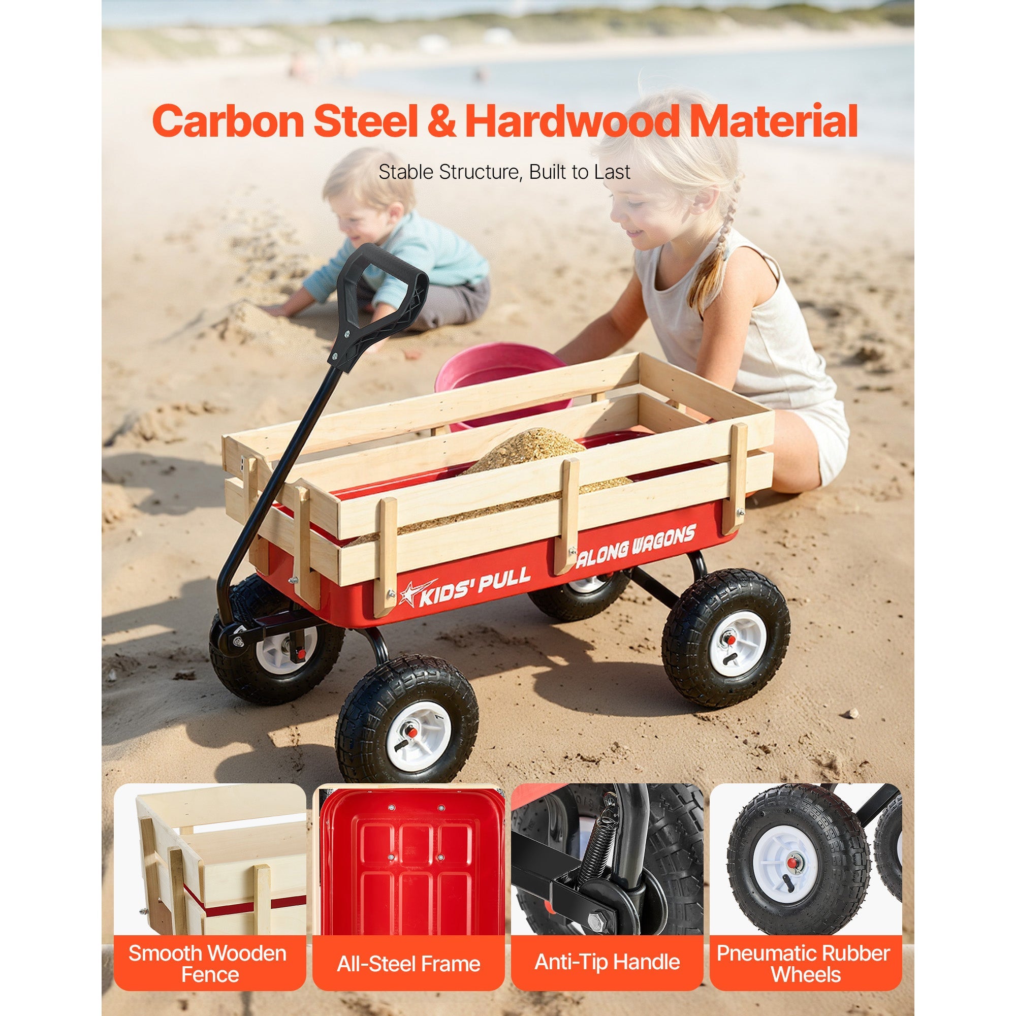 Pull-Along Wagon for Kids, 39 Inch Toddler Wagon with Wooden Panels & Handle by HouseOfZazla