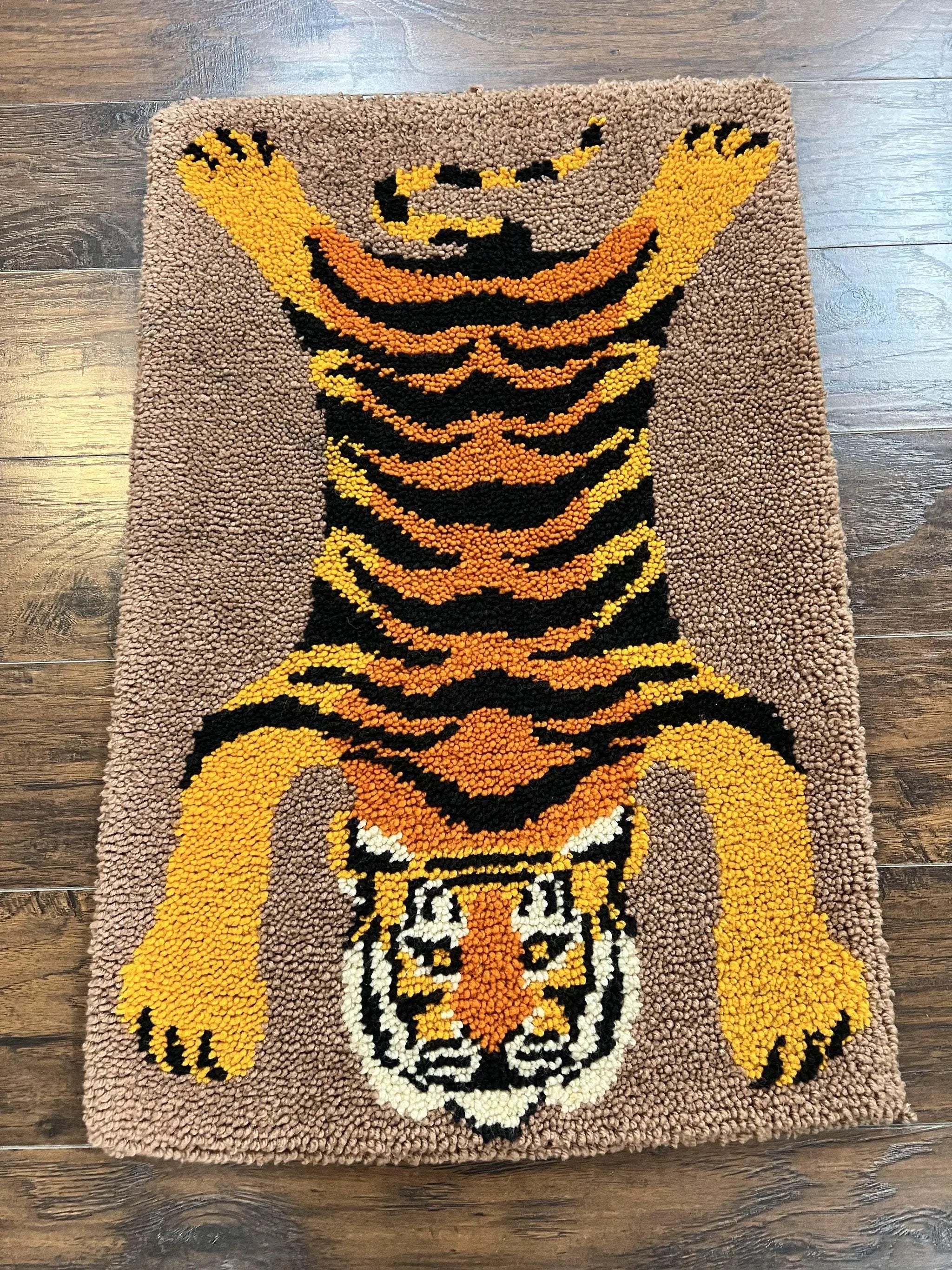 Small Hooked Rug 2x3, Tibetan Tiger Design, Wool, Unique Hooked Rug, Vintage by Jewel Rugs