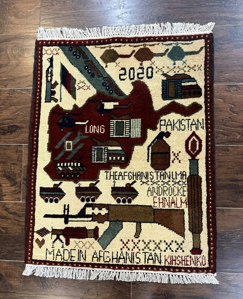 Afghan War Rug 2 x 2.6, Guns Tanks Helicopters by Jewel Rugs