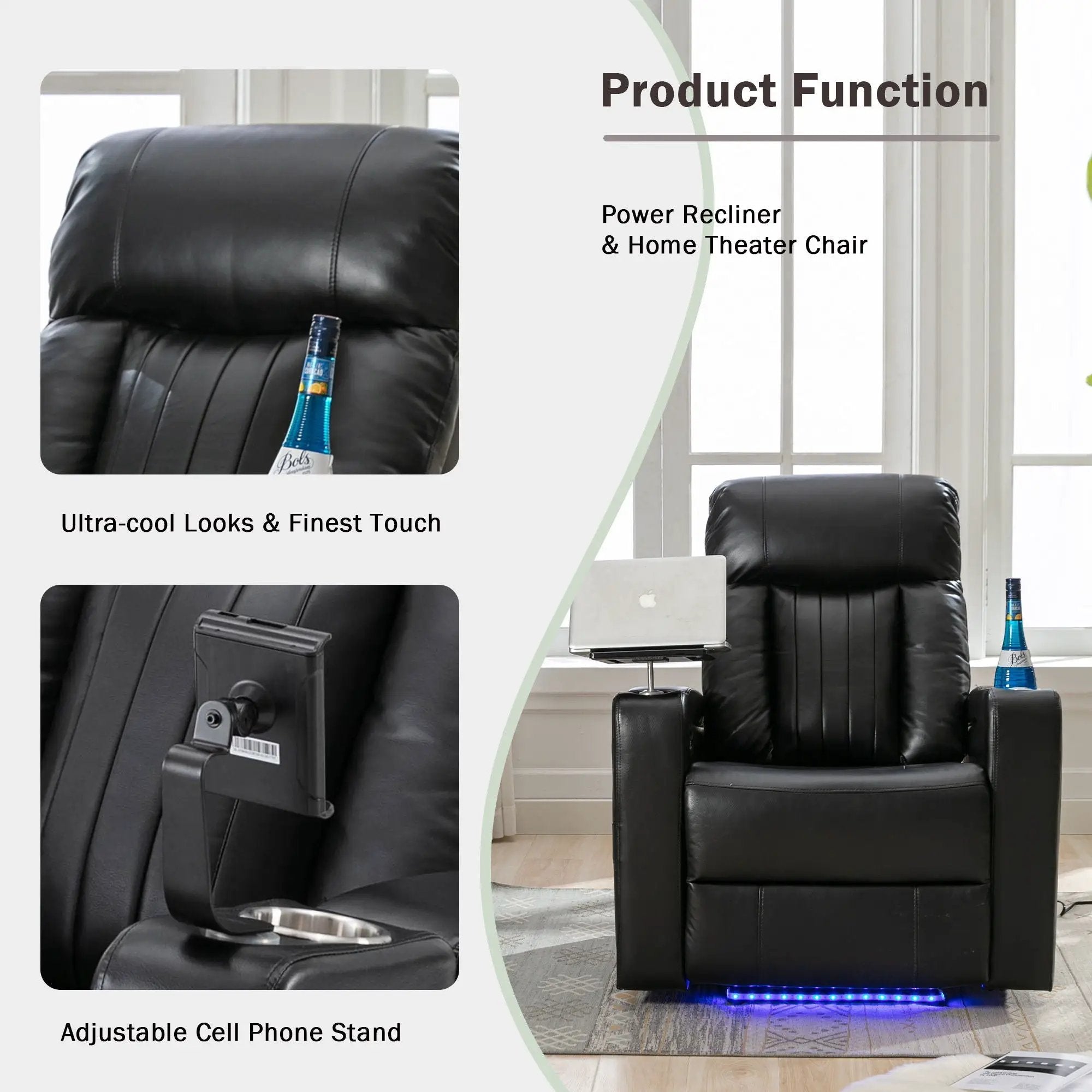 Premium Power Recliner & Storage Arms, Cupholders, Swivel Tray Table And Cell Phone Stand - Black by HouseOfZazla