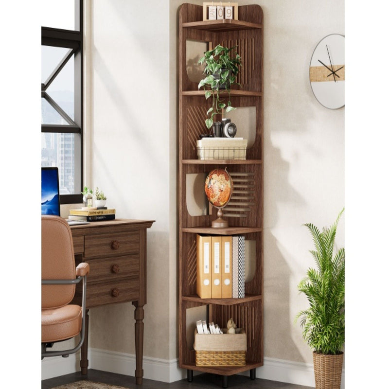 6 Tier Narrow Corner Bookshelf Storage For Living Room - Brown by HouseOfZazla