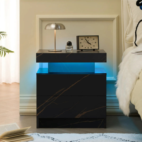 Nightstand LED Bedside Table Cabinet Lights Modern End Side with 2 Drawers