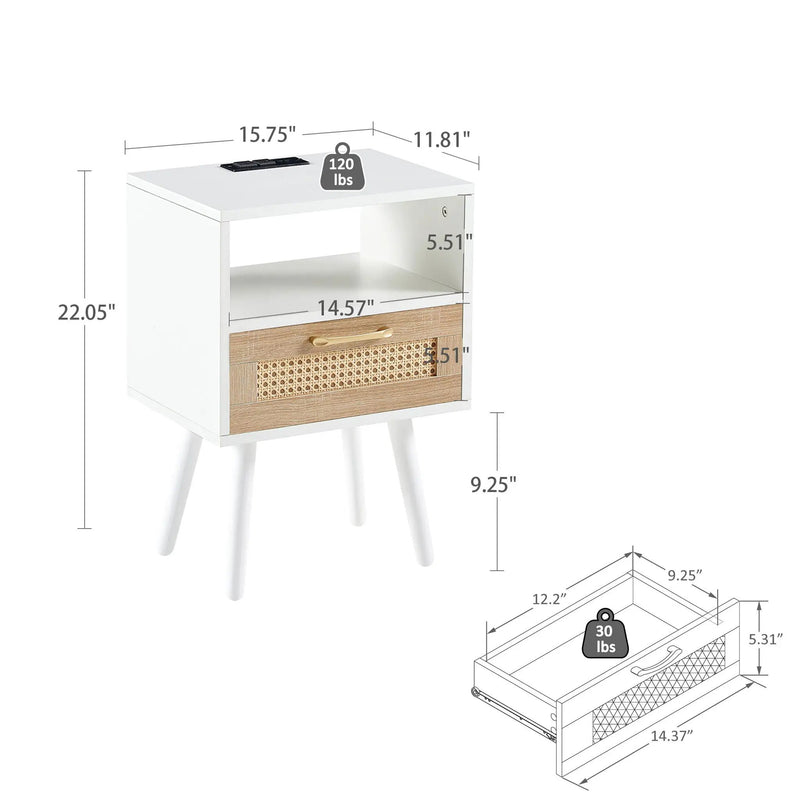 15.75" Rattan End Table With Power Outlet & USB Ports, Modern Nightstand With Drawer And Solid Wood Legs, Side Table For Living Room, Bedroom by Unique Piece Furniture