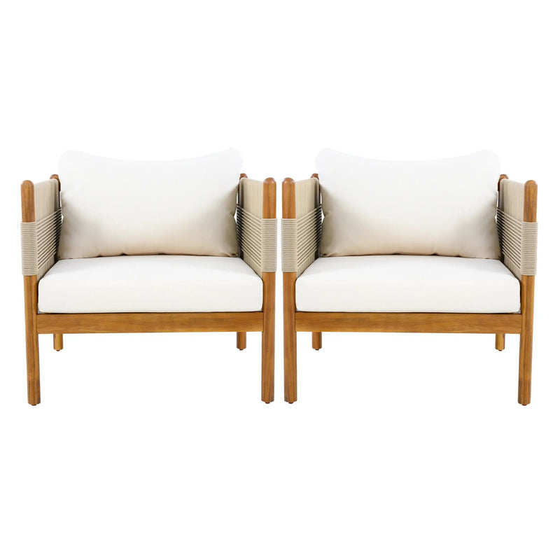 Outdoor Club Chairs (Set of 2) with Diamond-Pattern Beige Rope, Teak Finish by HouseOfZazla