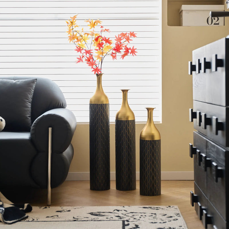 Elegant Floor Vase Set Metal Decorative Vases 3 Piece Set For Floral Display, Wedding & Gift Decor - Gold / Black by HouseOfZazla