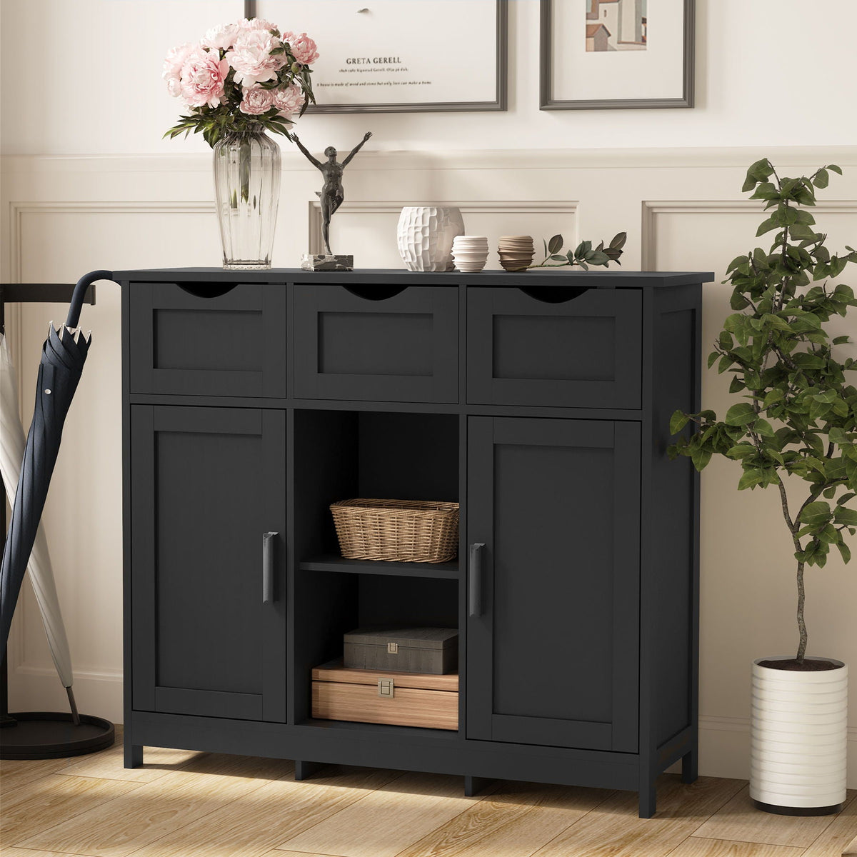Wood Storage Sideboard with Drawers and Adjustable Shelves - White or Black, photo 7 of 8