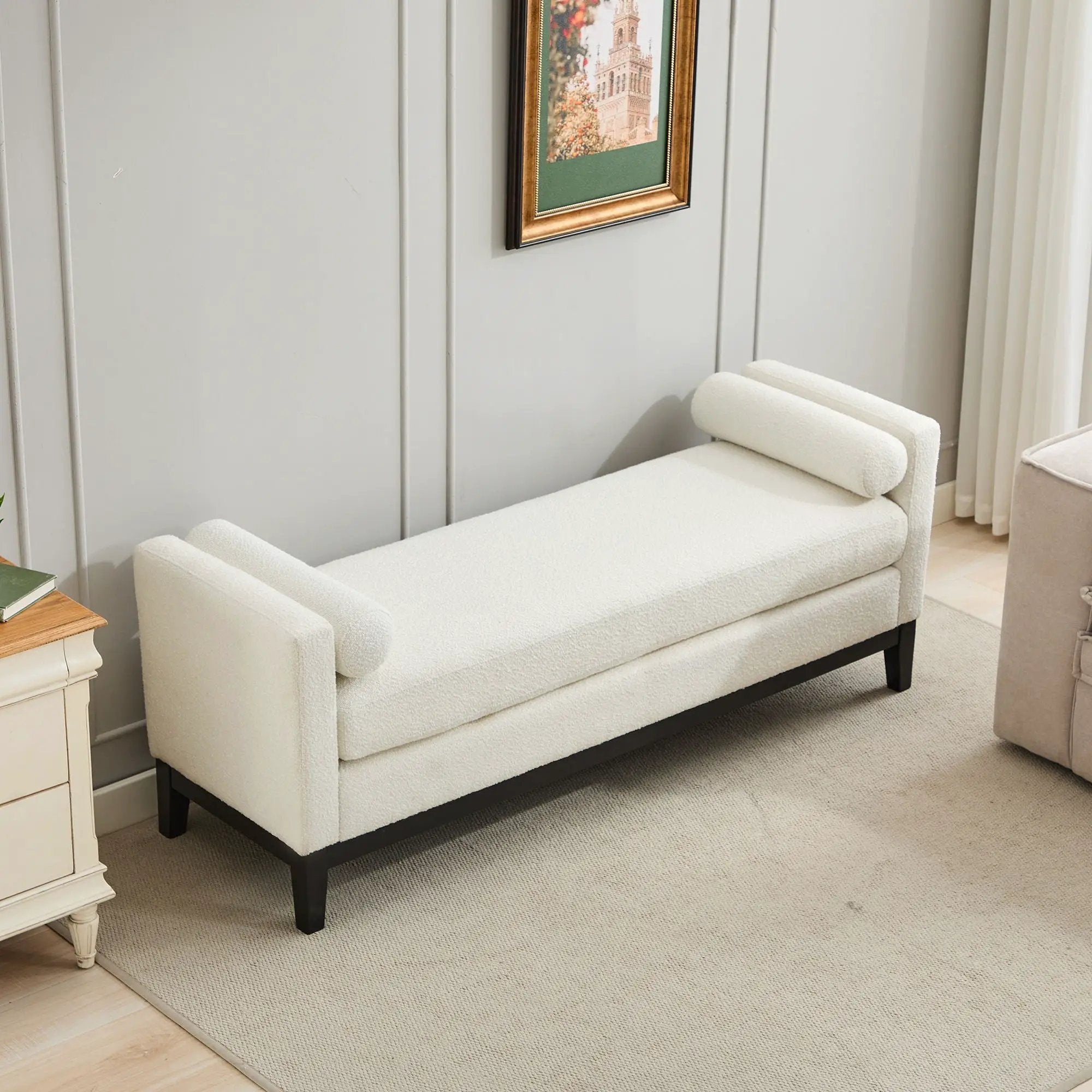 Elegant Upholstered Bench, Daybed, Ottoman With Wood Legs & Bolster Pillows - Ivory Boucle by Unique Piece Furniture