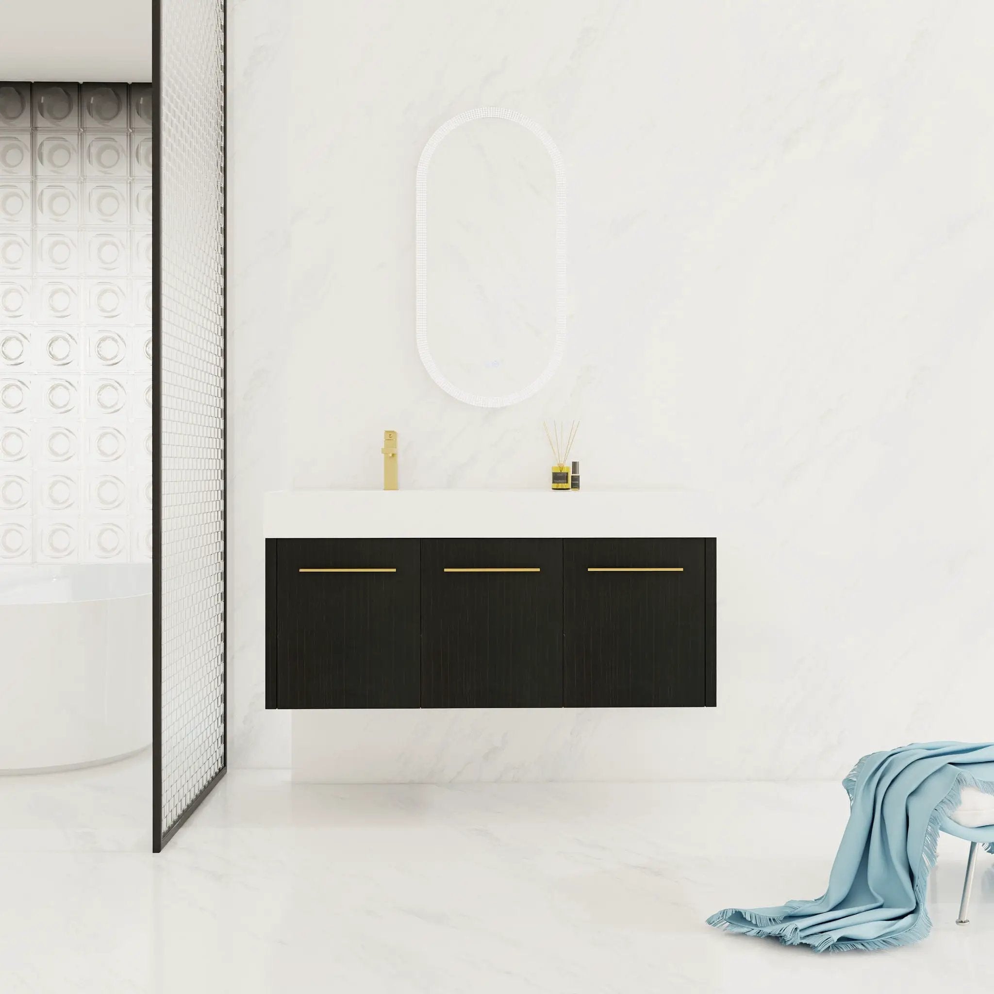 Contemporary 48" Wall Mounted Bathroom Vanity With Resin Sink And Soft Closing Doors And Line - Black Chestnut by Unique Piece Furniture