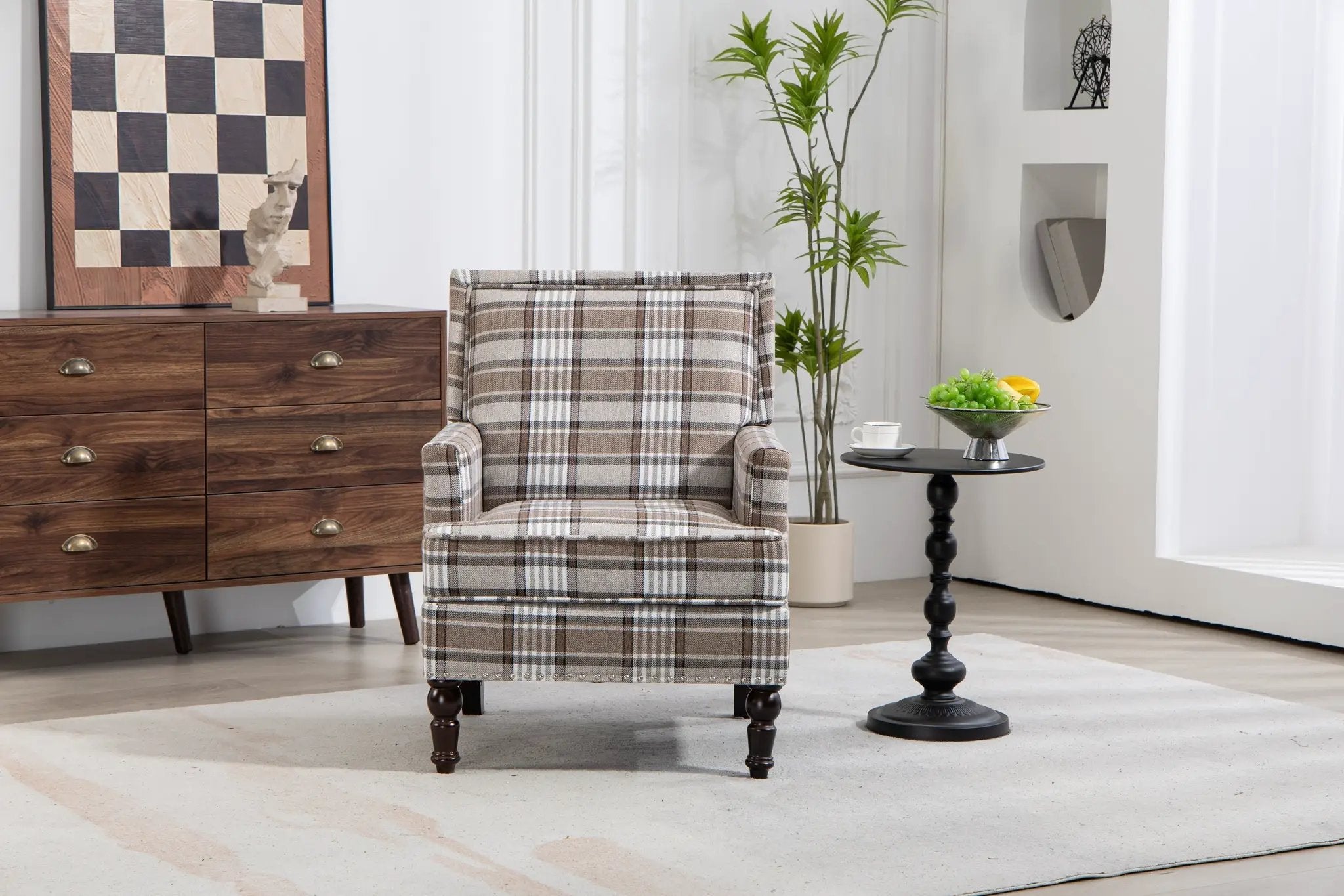 Upholstered Accent Chair with Brown Linen Fabric and Nailhead Trim by HouseOfZazla