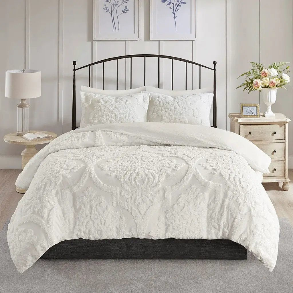 Full/Queen Tufted Cotton Chenille Damask Duvet Cover Set by HouseOfZazla