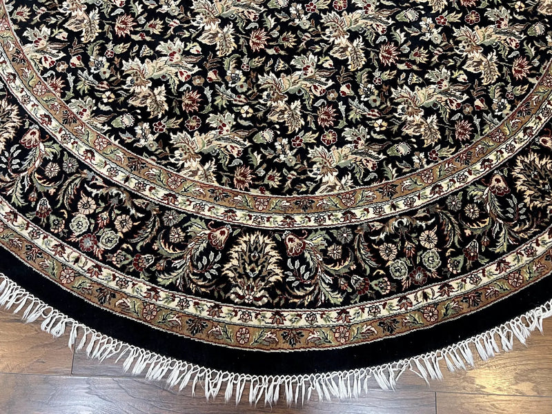 Round Oriental Rug 8x8 ft, William Morris Floral Pattern Carpet, 8 x 8 ft Round Rug, Black Cream and Tan 8ft Round Handmade Indo Persian Rug by Jewel Rugs