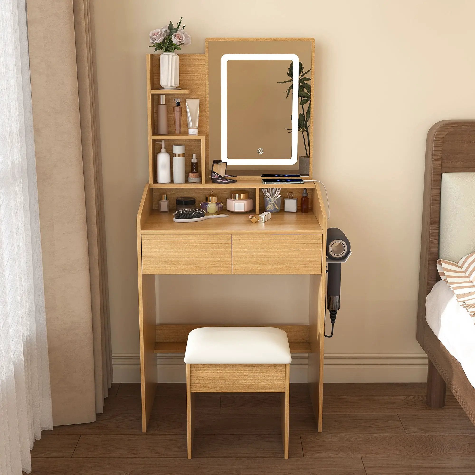 Vanity Table With LED Mirror, Power Outlet, Hairdryer Holder & Padded Stool by HouseOfZazla