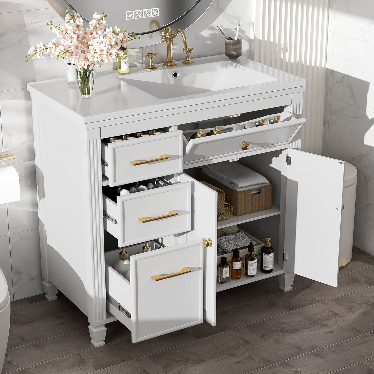 36" Bathroom Vanity with Ceramic Sink and Ample Storage - Blue Gray, Black, White, photo 3 of 10