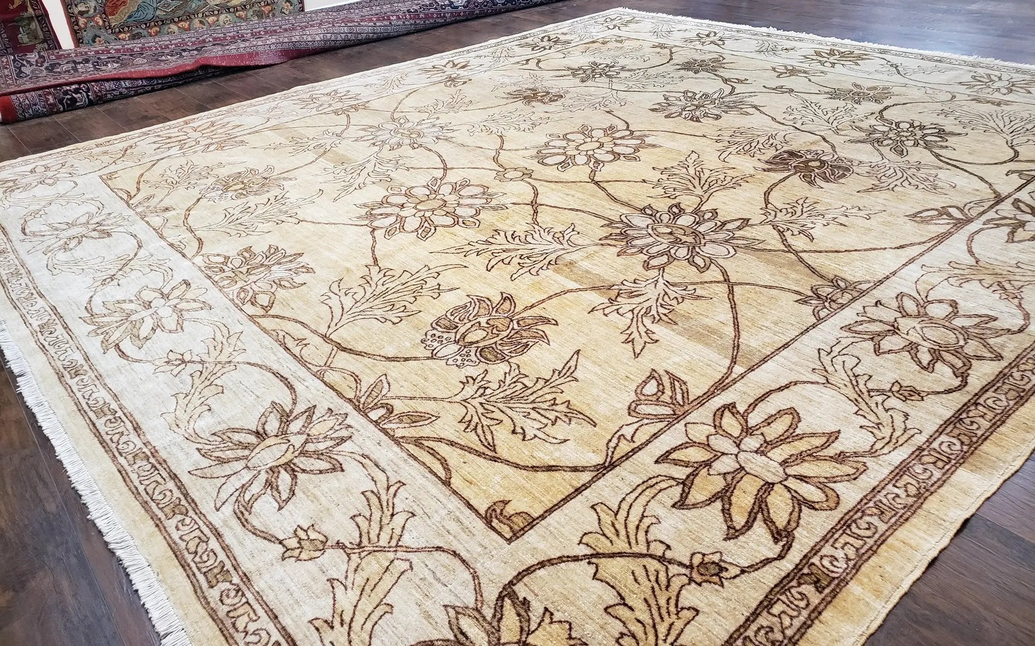 Oversized Peshawar Chobi Oushak Area Rug 11.6 x 12.5, Wool Hand-Knotted Light Gold & Ivory Decorative Pakistani Floral Carpet, 11x12 - 12x13 by Jewel Rugs